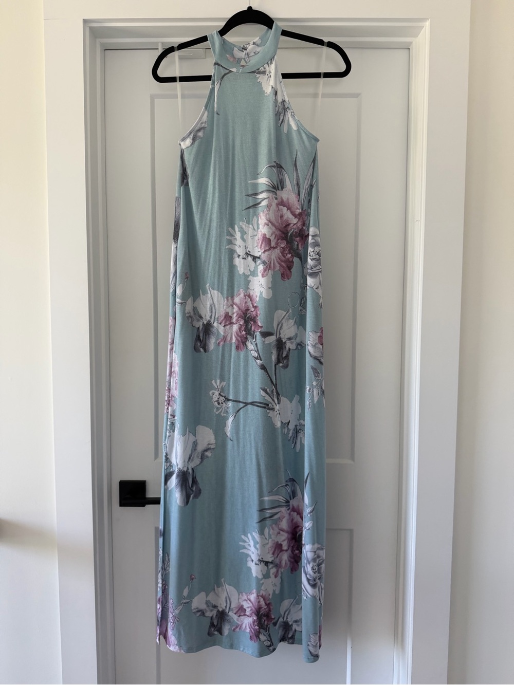 Floral Halter Maxi Dress in Light Blue and Shades of Purple